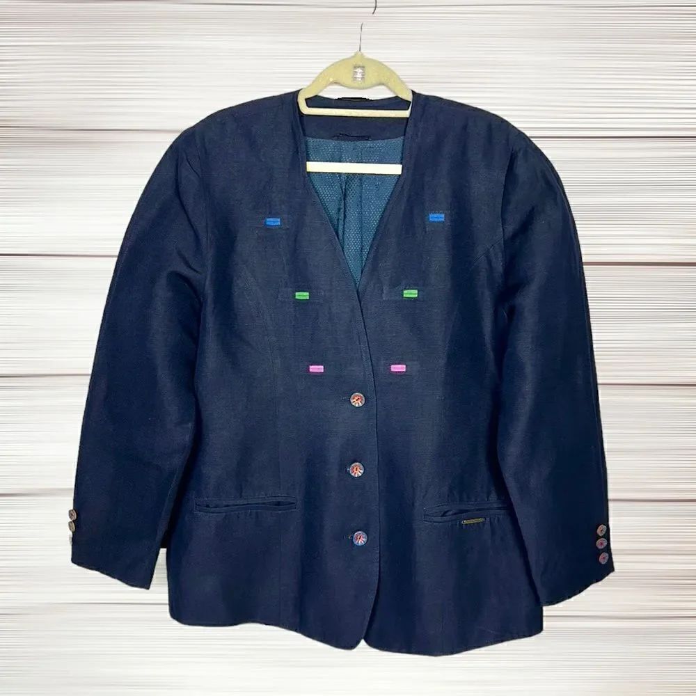Geiger Collections Austria Navy Blue Vintage Linen Blend V-neck Blazer 40 US 10